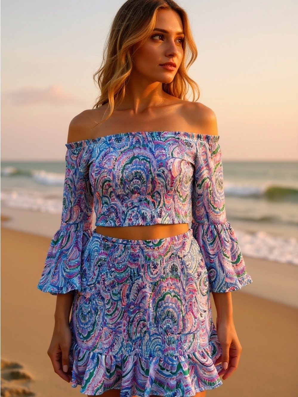 Lilly Pulitzer Off-Shoulder Mini Dress in Aqua, Teal, Purple, Pink